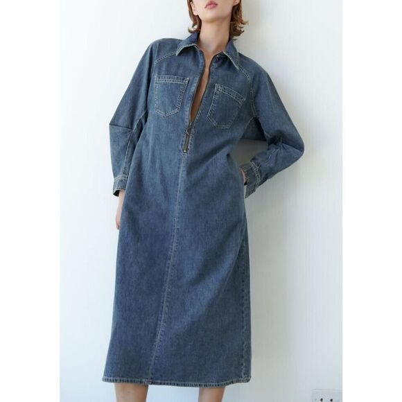 Zara Denim Minimalist Midi Dress - Picture 1 of 7